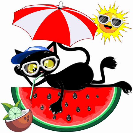 Cat Cartoon Character and Juicy Watermelon Summertime Chill Humorous Vector Illustration isolated on whiteのイラスト素材