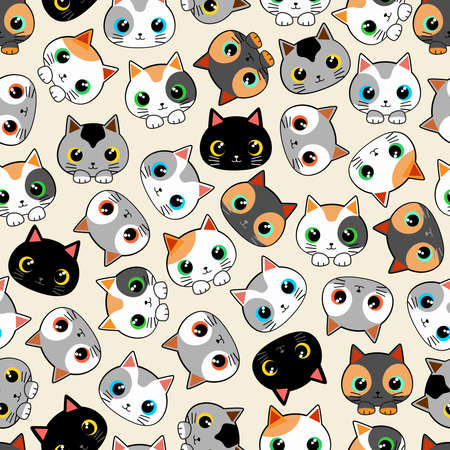 Kitty Cats Kawaii Cute Characters Childhood Vector Seamless Repeat Textile Patternのイラスト素材
