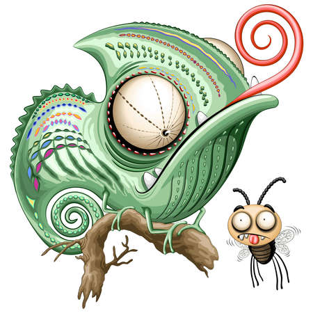 Chameleon Funny and Weird Cartoon Character staring at a confused Fly. Original Humorous Vector Art Illustration isolated on white.のイラスト素材
