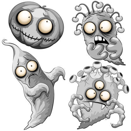 Monsters Halloween Creepy Cute and Funny Vector Cartoon Characters, set of 4 isolated on whiteのイラスト素材