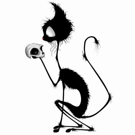 Cat Funny Shakespeare Parody Skinny Character "To Be or not to Be" holding a Skull Vector Illustration isolated on whiteのイラスト素材