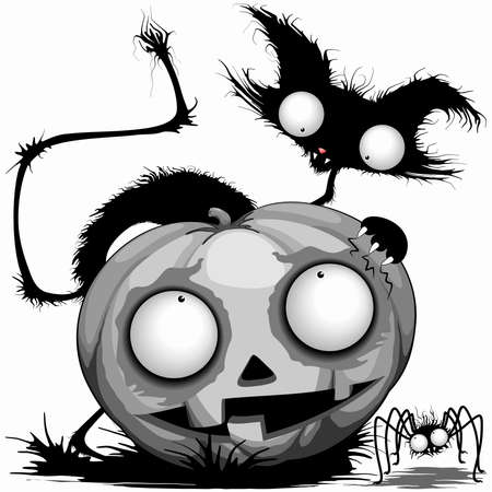 Cat Pumpkin and Spider Funny and Spooky Halloween Cartoon Characters Vector illustrationのイラスト素材