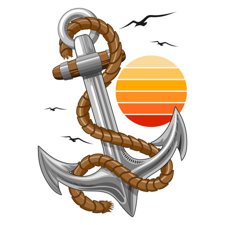Anchor Marine Stylized Abstract Element Vector Logo Design with Sun and Birds Flying isolated on whiteのイラスト素材