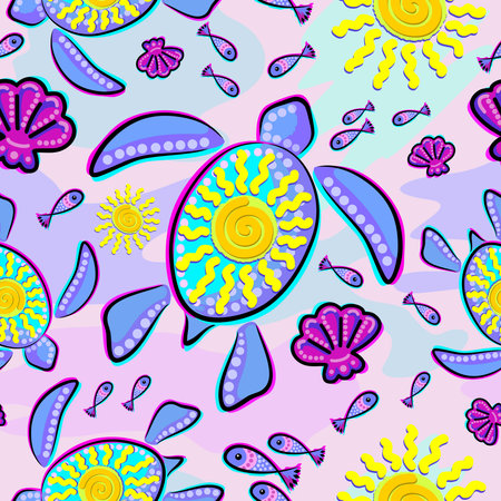 Sea Turtle and Sun Abstract Glitch Ultraviolet Symbol Vector Seamless Patternのイラスト素材