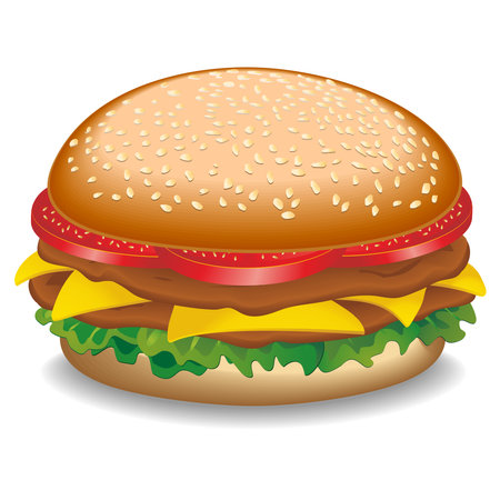 Hamburger Burger Fast Food Sandwich with meat, tomatoes, cheese and lettuce vector illustration isolated on whiteのイラスト素材