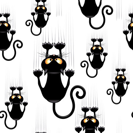 Funny and Confused Naughty Cat Cartoon Character hanging on, and scratching fabric, or curtain, or wall. Assembled to compose a Vector Seamless Repeat Pattern Background.のイラスト素材