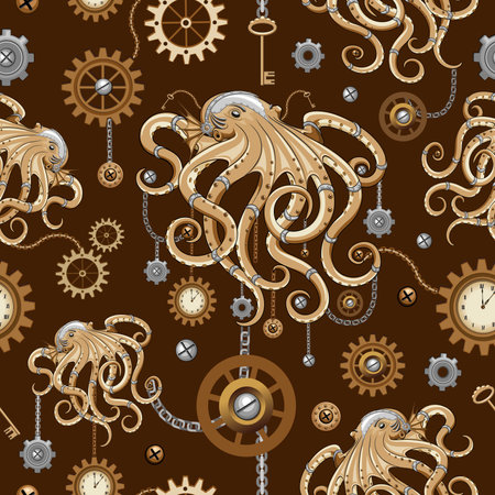 Octopus Steampunk Clocks and Gears Gothic Surreal Retro Style Machine Vector Seamless Patternのイラスト素材