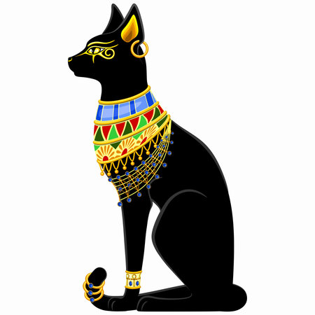 Cat Bastet Ancient Egyptian Deity Sacred Figure Silhouette with Decorative Jewels Vector Illustration isolated on white.のイラスト素材