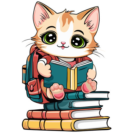 Baby Cat Cute Kitty Kawaii Character Back to School with books and backpack vector illustration isolated on whiteのイラスト素材