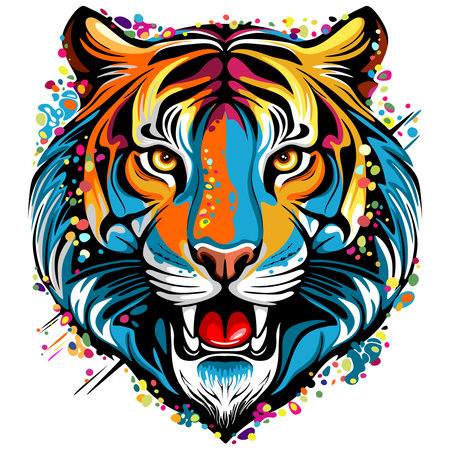 Tiger Head Rainbow colors paint stains Vector Artistic Portrait isolated on whiteのイラスト素材