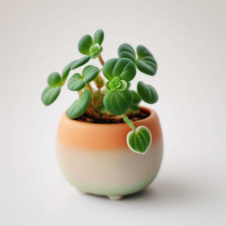 Paperomia watermelon in pot minimalist white backgroundの写真素材