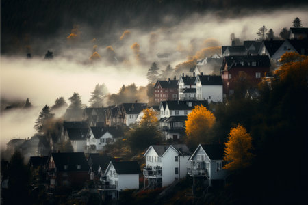 Highland misty fog sunrise viewの写真素材