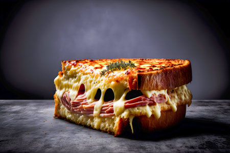 Authentic French Croque Monsieur with ham, cheese, and dijon mustardの写真素材