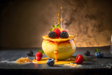 Elegant CrÃ¨me BrÃ»lÃ©e with a classic custard base and a colorful fruit toppingの写真素材