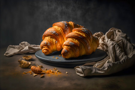 flaky, buttery layers of a freshly baked croissant. The warm, golden-brown color and steam rising from the surface of the pastry make it appear irresistibly delicious.の写真素材