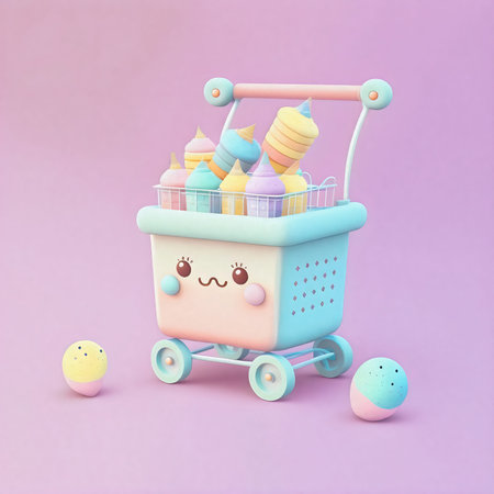 Cute & whimsical 3D shopping cart icon character perfect for e-commerce, retail projects, website...