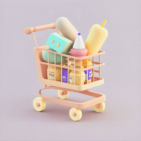 Cute & whimsical 3D shopping cart icon character perfect for e-commerce, retail projects, website icons, app buttons, marketing materials. Adorable cartoon-like design, cheerfulの写真素材