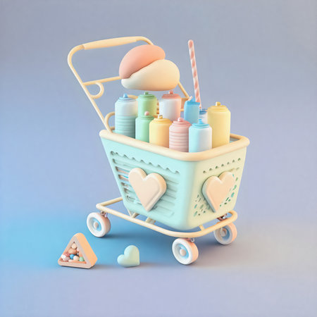 Cute & whimsical 3D shopping cart icon character perfect for e-commerce, retail projects, website icons, app buttons, marketing materials. Adorable cartoon-like design, cheerfulの写真素材