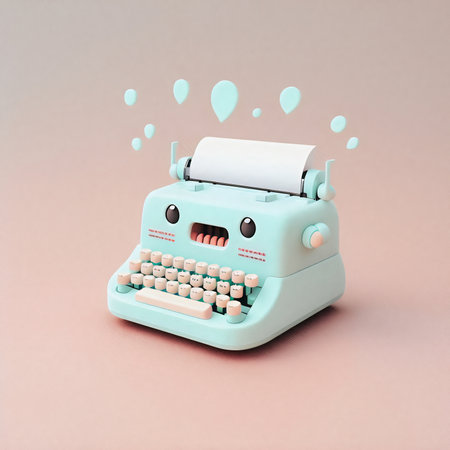 Cute & whimsical 3D typewriter icon character perfect for writing, literature projects, website icons, app buttons, marketing materials. Adorable cartoon-like design, cheerfulのイラスト素材