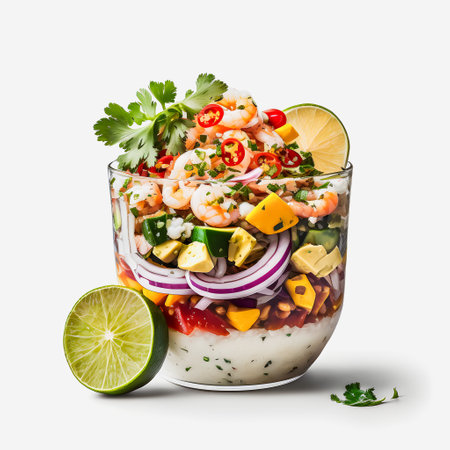 stunning Ceviche on white background food photography. Highlight the vibrant flavors of Latin America's beloved dish in a minimalistic and sophisticated way. Perfect for cookbooks,の写真素材