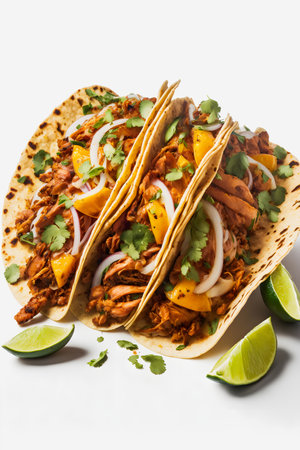 A colorful Tacos al Pastor on white background. Juicy marinated pork, fresh pineapple, and cilantro top a warm corn tortilla. Appealing image perfect for food and drink ads, menuの写真素材