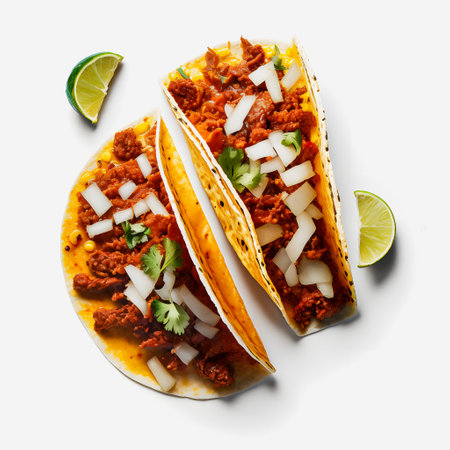 A colorful Tacos al Pastor on white background. Juicy marinated pork, fresh pineapple, and cilantro top a warm corn tortilla. Appealing image perfect for food and drink ads, menuの写真素材