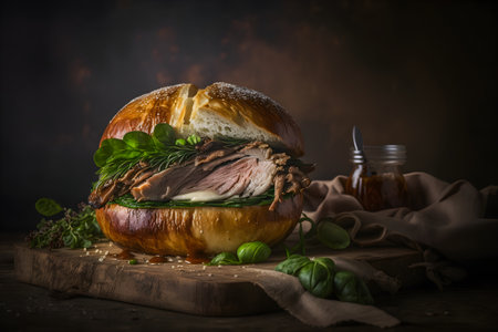Celebrate the taste of Italy with our Porchetta sandwich photo collection. High-quality images showcase juicy pork roast, crispy crackling, herbs, and tangy sauce on a rusticの写真素材