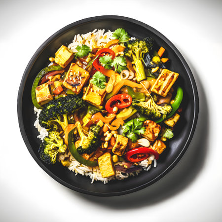 fresh and Colorful Tofu Stir Fry on White Background - Healthy Vegan Meal for Healthy Eatingの写真素材