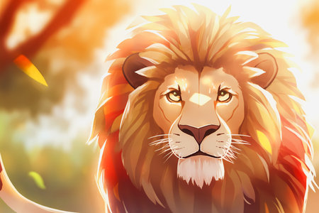 This playful illustration of a friendly lion with a nature background is perfect for kids. The charming and approachable style of the lion evokes a sense of adventure,のイラスト素材