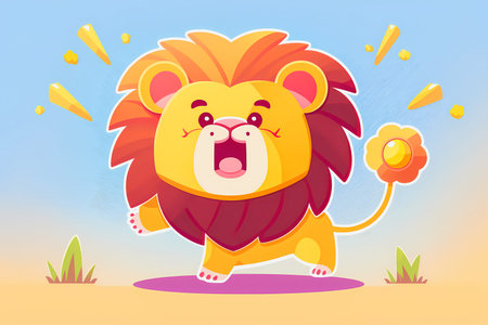 This playful illustration of a friendly lion with a nature background is perfect for kids. The charming and approachable style of the lion evokes a sense of adventure,のイラスト素材