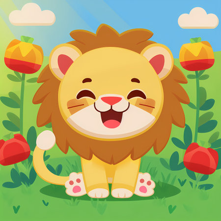 This playful illustration of a friendly lion with a nature background is perfect for kids. The charming and approachable style of the lion evokes a sense of adventure,のイラスト素材