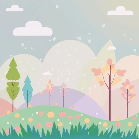 Peaceful natural landscape illustration with green trees, rolling hills, and a clear blue sky - perfect for any project needing a serene outdoor setting. This vector artworkのイラスト素材
