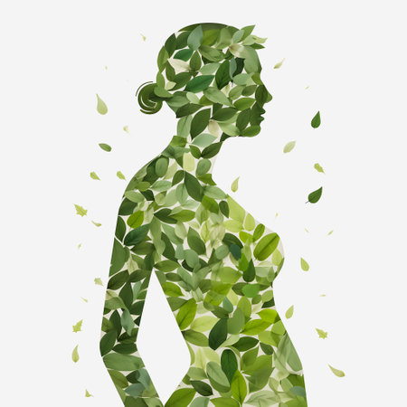 Pregnant woman with green leaves flying in the air. Vector illustration.の素材