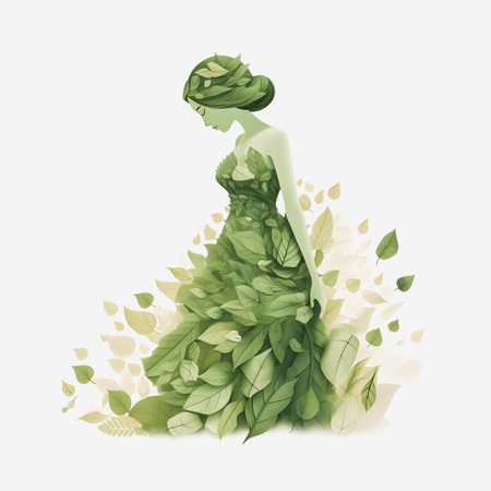 Elegant woman in green dress with green leaves. Vector illustration.の素材