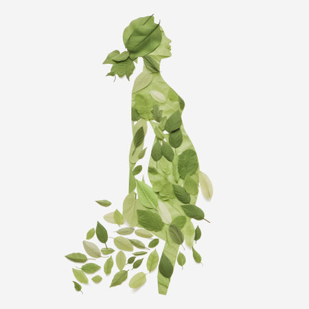 Elegant silhouette of a woman with green leaves. Vector illustration.の素材