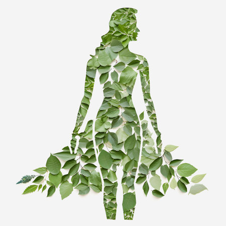 Woman made of green leaves. Isolated on white background. 3D illustration.の素材