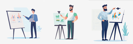 Streamlined Home Office Vector Art: Flat Style Illustration of a Man Working on Laptop Against White...