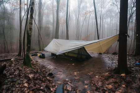 Wilderness Survival: Bushcraft Tent Under the Tarp in Heavy Rain, Embracing the Chill of Dawn - A Scene of Endurance and Resilienceの素材