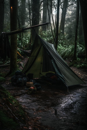 Wilderness Survival: Bushcraft Tent Under the Tarp in Heavy Rain, Embracing the Chill of Dawn - A Scene of Endurance and Resilienceの素材