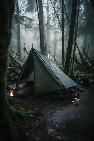 Wilderness Survival: Bushcraft Tent Under the Tarp in Heavy Rain, Embracing the Chill of Dawn - A Scene of Endurance and Resilienceの素材