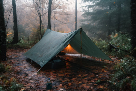 Wilderness Survival: Bushcraft Tent Under the Tarp in Heavy Rain, Embracing the Chill of Dawn - A Scene of Endurance and Resilienceの素材