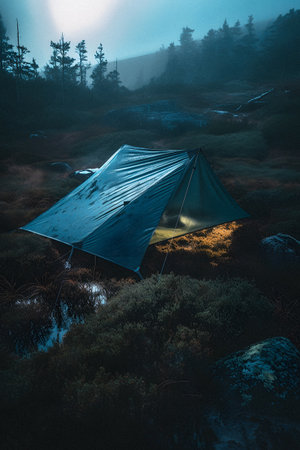 Wilderness Survival: Bushcraft Tent Under the Tarp in Heavy Rain, Embracing the Chill of Dawn - A Scene of Endurance and Resilienceの素材