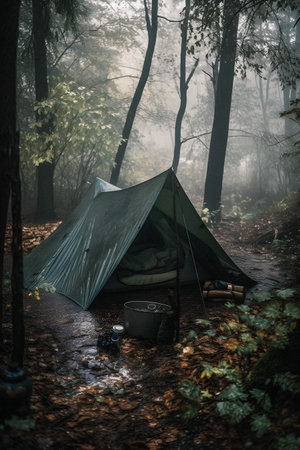 Wilderness Survival: Bushcraft Tent Under the Tarp in Heavy Rain, Embracing the Chill of Dawn - A Scene of Endurance and Resilienceの素材