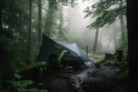 Wilderness Survival: Bushcraft Tent Under the Tarp in Heavy Rain, Embracing the Chill of Dawn - A Scene of Endurance and Resilienceの素材