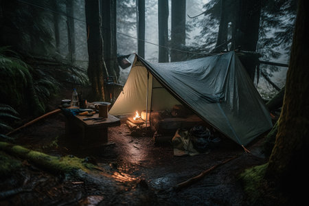 Wilderness Survival: Bushcraft Tent Under the Tarp in Heavy Rain, Embracing the Chill of Dawn - A Scene of Endurance and Resilienceの素材