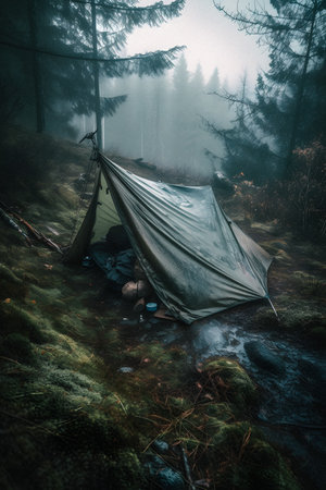 Wilderness Survival: Bushcraft Tent Under the Tarp in Heavy Rain, Embracing the Chill of Dawn - A Scene of Endurance and Resilienceの素材