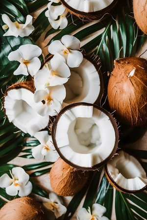 Tropical background with coconuts and palm leaves. Flat lay, top viewの素材