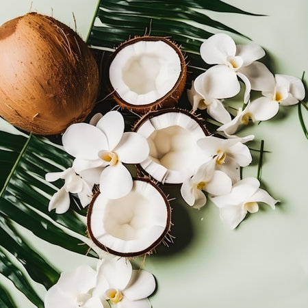 Coconut and orchid flowers on green background. Flat lay, top viewの素材