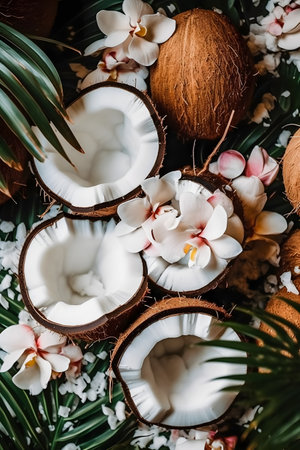 top view of coconuts with orchids and palm leavesの素材