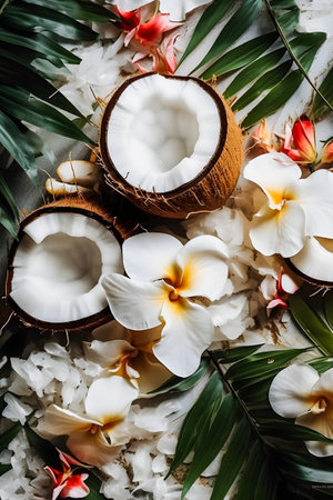 top view of coconuts, tropical leaves and flowersle surfaceの素材